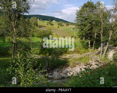 Un paesaggio magnifico su una casa su una collina che sta ai piedi di una montagna verde . Per il vostro design Foto Stock