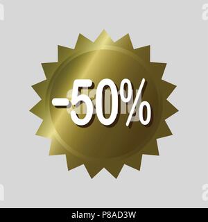 Prezzo di etichetta, '50% off' adesivo di sconto. Golden vettore design etichetta su sfondo isolato. Illustrazione Vettoriale