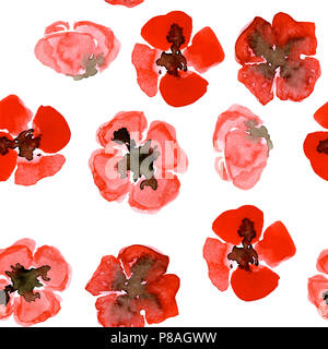Acquerello seamless pattern con rosso papavero di piccole dimensioni Foto Stock
