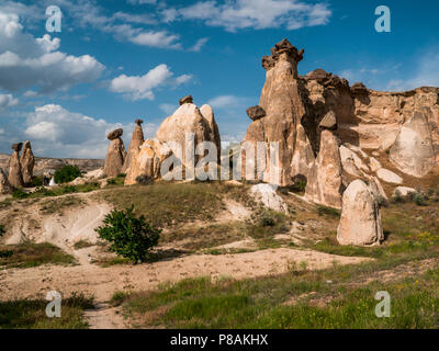Casa grotta di Camini di Fata rocce nel fungo Pasabag, monaci Valley, Cappadocia, Turchia. Foto Stock