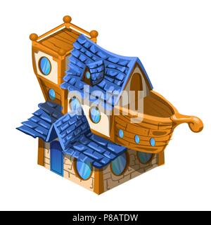 Toy house brown e il colore blu nello stile della nave isolati su sfondo bianco. Vector cartoon close-up illustrazione. Illustrazione Vettoriale