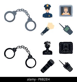 Manette, poliziotto, prigioniero, torcia elettrica.La polizia set di icone di raccolta in cartoon,nero stile simbolo vettore illustrazione stock . Illustrazione Vettoriale