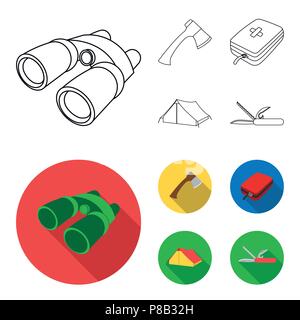Ax, kit di primo soccorso, turistico tenda, coltello pieghevole. Camping set di icone di raccolta in profilo,stile piatto simbolo vettore illustrazione stock . Illustrazione Vettoriale