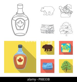 Dollaro Canadese, mappa del territorio e altri simboli del paese.Canada set di icone di raccolta in profilo,stile piatto simbolo vettore illustrazione stock . Illustrazione Vettoriale