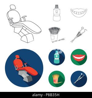 Dentale liquido sterile nella giara, labbra, denti, stuzzicadenti nel vaso del frullatore, strumenti medici per il dentista. Per le cure dentarie set di icone di raccolta in contorno Illustrazione Vettoriale