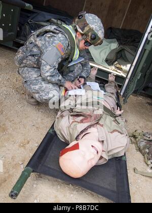 Stati Uniti La riserva di esercito di soldati con 865th Combat Support Hospital, basato in Utica, N.Y. di eseguire valutazioni dei pazienti come parte di una massa casualty esercizio durante regionale CSTX Medic 86-18-04, a Tactical Training Base Giustizia sulla Fort McCoy, Wisc. Giugno 23, 2018, 23 giugno 2018. CSTX 86-18-04 è un combattimento a sostenere la formazione di esercizio che garantisce l'America dell'esercito di unità di riserva e soldati sono addestrati e pronto per la distribuzione con breve preavviso e portare in grado, combattere-ready, e letale Fuoco a sostegno dell'esercito e ai nostri partner in tutto il mondo. Stati Uniti La riserva di esercito di foto dal personale Sgt. Eric W. Jones. Foto Stock