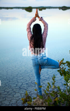 Giovane donna in piedi yoga la posizione dell'albero da una mangrovia. Foto Stock