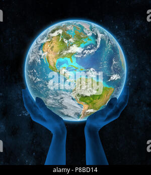 Giamaica sulla Terra in mani nello spazio. 3D'illustrazione. Foto Stock