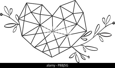 Grafica geometria floreali amore cuore telaio. Vettore di foglie e fiori in carino vignette isolato su sfondo nero. Matrimonio di San Valentino decorazioni Daystyle Illustrazione Vettoriale