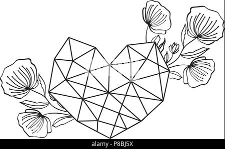 Grafica geometria floreali amore cuore telaio. Vettore di foglie e fiori in carino vignette isolato su sfondo nero. Matrimonio di San Valentino decorazioni Daystyle Illustrazione Vettoriale