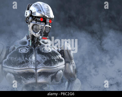 3D rendering di un futuristico mech soldato in una inquinata dystopian futuristico mondo. Fumo tossico tutti intorno a lui. Foto Stock