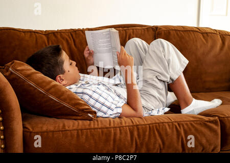 Ragazzo lettura libro sul divano nella family room. Signor © Myrleen Pearson. ......Ferguson Cate Foto Stock