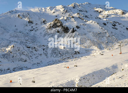 Alpi austriache: a causa del clima globale il cambiamento più e più neve artificiale è il supporto di ski-zone come qui in Hochzillertal, Tirol Foto Stock