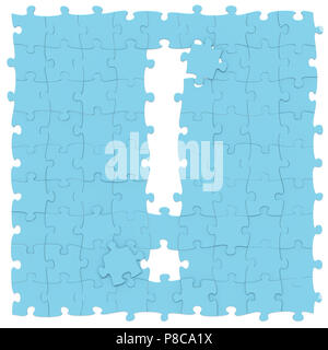 Blue Jigsaw Puzzle assemblato come punto esclamativo su fondo bianco, rendering 3D immagine font per l'istruzione e la tipografia infantile Foto Stock