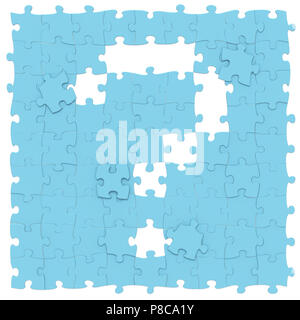 Blue Jigsaw Puzzle assemblato come punto interrogativo su sfondo bianco, rendering 3D immagine font per l'istruzione e la tipografia infantile Foto Stock