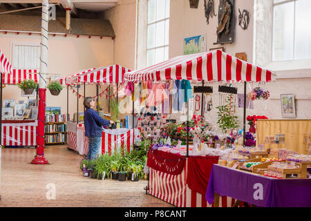 Si ferma nella parte superiore del vecchio mercato di un bauletto portaoggetti a Bideford Devon England Regno Unito Foto Stock