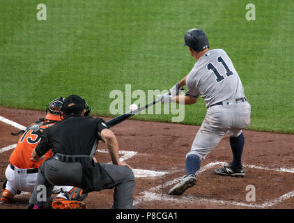 Baltimore, Stati Uniti d'America. 09 Luglio, 2018. New York Yankees left fielder Brett Gardner (11) motivazione in un gioco di forza nel secondo inning contro i Baltimore Orioles a Rigogolo Park a Camden Yards a Baltimora, MD lunedì 9 luglio 2018. Credito: Ron Sachs/CNP (restrizione: NO New York o New Jersey o giornali quotidiani nel raggio di 75 miglia da New York City) | utilizzo del credito in tutto il mondo: dpa/Alamy Live News Foto Stock