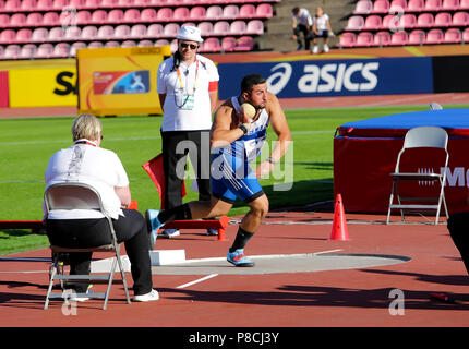 Tampere, Finlandia. 10 Luglio, 2018. ODYSSEAS MOUZENIDIS dalla Grecia vincere con la medaglia di bronzo nel colpo messo a la IAAF Campionati del mondo U20 a Tampere, in Finlandia il 10 luglio 2018. Credito: Denys Kuvaiev /Alamy Live News Credito: Denys Kuvaiev/Alamy Live News Foto Stock