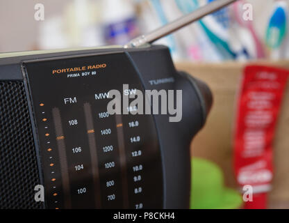 Sieversdorf, Germania. 10 Luglio, 2018. Una radio è su un armadio accanto ad uno spazzolino da denti in un bagno. Credito: Patrick Pleul/dpa-Zentralbild/dpa/Alamy Live News Foto Stock