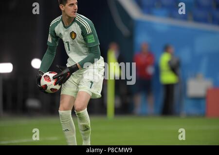 Thibaut Courtois (BEL) in azione durante la Coppa del Mondo FIFA semi-finale match tra Francia 1-0 Belgio a San Pietroburgo Stadium di San Pietroburgo, Russia. Luglio 10, 2018. Credito: ESTREMO ORIENTE PREMERE/AFLO/Alamy Live News Foto Stock