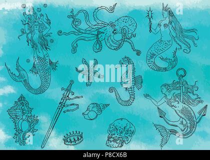 Vintage fantasia set nautico: mermaid, polpi, shell, stelle marine, ancoraggio annegato spada, corona, cranio, cavallo di mare. Disegnata a mano illustrazione vettoriale su un blu turchese acquerello sfondo. Illustrazione Vettoriale