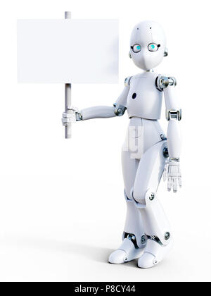 3D rendering di un bianco friendly cartoon robot tenendo un segno bianco nella sua mano. Sfondo bianco. Foto Stock