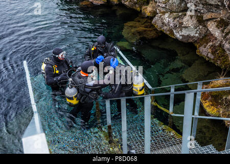 Lo snorkeling la fessura Silfra a Thingvellir National Park in Islanda Foto Stock