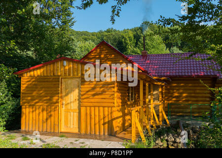 Casa da bagno rivestita di legno con un tubo di fumo sullo sfondo di una foresta verde . Per il vostro design Foto Stock