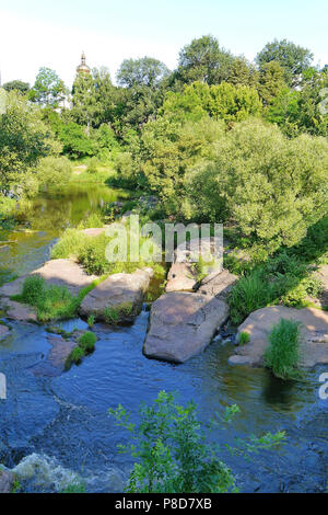 Ampio fiume roccioso circondato da bellissimi alberi di alto fusto . Per il vostro design Foto Stock