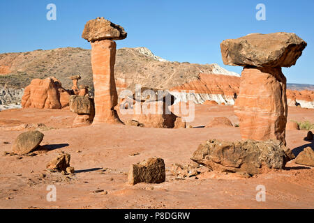 UTAH - i Toadstools dove dove harden massi rotolare giù dalle scogliere sopra e proteggere la pietra arenaria più morbido al di sotto da erosione. Foto Stock