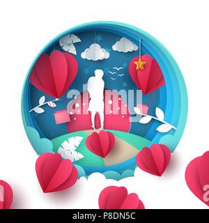 Uomo e donna amore illustrazione. Carta cartone animato paesaggio. Il giorno di San Valentino. Illustrazione Vettoriale