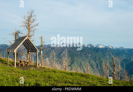 La vista dell'Idaho sette demoni montagne dall'area picnic di Hat punto si affacciano, nell'Hells Canyon National Recreation Area, nordest Oregon. Foto Stock