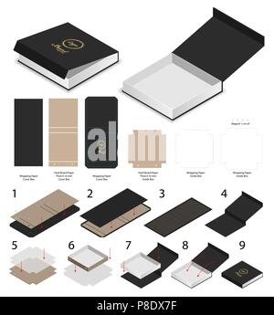 Magnete rigida box modello 3d mockup con dieline Illustrazione Vettoriale
