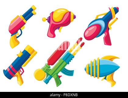 Pistola Cartoon collection. Vettore di piana giocattoli colorati. Spazio pistole laser design. Illustrazione di vettore isolato su sfondo bianco. Illustrazione Vettoriale