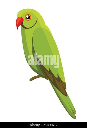 Pappagallo verde bird. Parrot sul ramo poster, libri per bambini che illustra. Uccello tropicale in stile cartone animato. Isolato su sfondo bianco. Illustrazione Vettoriale