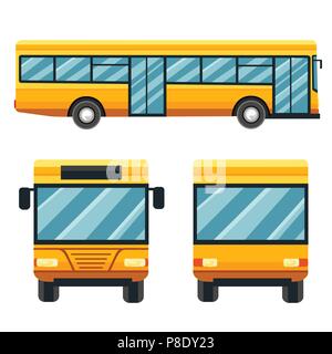 Giallo bus della città. I mezzi di trasporto pubblici illustrazione. Design piatto stile. Isolato su sfondo bianco. Due anteriori opzione. Illustrazione Vettoriale