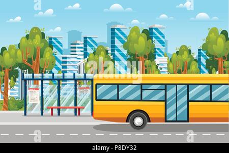 Paesaggio rurale con road, fermata bus e bus. Alberi verdi e moderna città sullo sfondo. Giallo city bus, trasparente e la fermata degli autobus. Vettore di piana illustrati Illustrazione Vettoriale