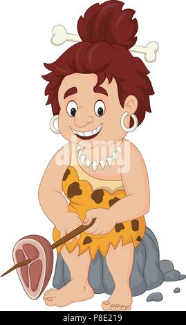 Femmina Cartoon caveman tenendo la carne Illustrazione Vettoriale