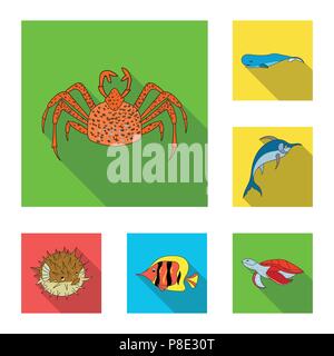 Una varietà di animali marini icone piatta in set di raccolta per il design. Pesci e crostacei simbolo vettore illustrazione stock. Illustrazione Vettoriale