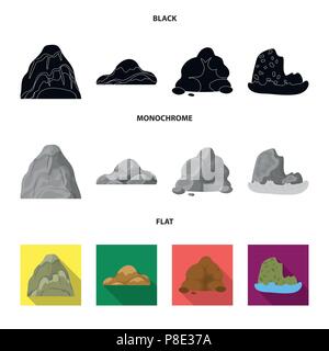 Massi, una montagna tondeggiante, rocce in mare. Montagne di diversi set di icone di raccolta in nero, piatta e monocromatica vettore stile simbolo illustra stock Illustrazione Vettoriale