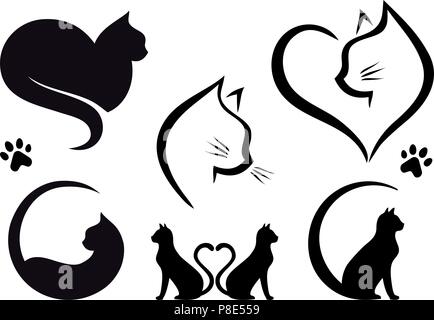 Cat disegni logo con il cuore, set di vettore di elementi di design grafico Illustrazione Vettoriale