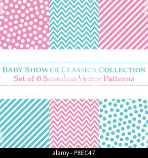 Raccolta di 6 classic baby doccia vettore modelli senza giunture, pois, freccette e strisce di caramelle in rosa e ciano. Bundle di pattern, impostare Illustrazione Vettoriale