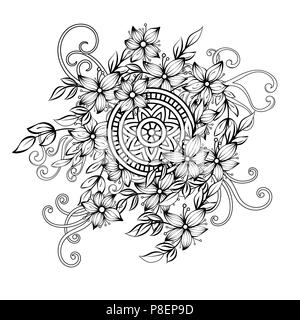 Motivo floreale in bianco e nero. Adulto libro da colorare pagina con i fiori e i mandala. Arte terapia anti stress pagina di colorazione. Disegnato a mano illustrazione vettoriale Illustrazione Vettoriale