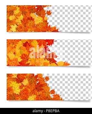 Orizzontale banner stagionale per siti web. Autunno promozionali modelli di confini di colore giallo e con foglie di colore arancione Illustrazione Vettoriale