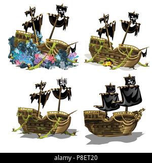 Il sunken nave pirata ricoperta di polipi di corallo. Fase di crescita e la formazione delle barriere coralline isolati su sfondo bianco. Illustrazione Vettoriale. Illustrazione Vettoriale