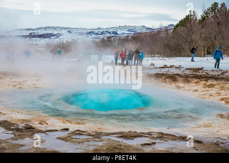 Geyser Strokkur durante la sua attività; questo geyser erutta un getto di acqua a circa trenta metri di altezza a intervalli irregolari di 3/5 minuti Foto Stock