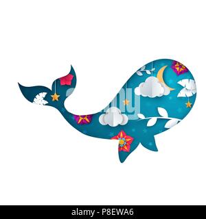 Carta illustrazione della balena. Cartoon origami paesaggio. Illustrazione Vettoriale