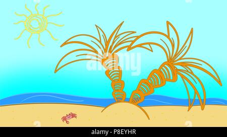 Tropic Beach Estate paesaggio. Onda di mare calda. Una vacanza relax appartamento del vettore con la tavola da surf. Palm tree blu oceano mare. Illustrazione Vettoriale