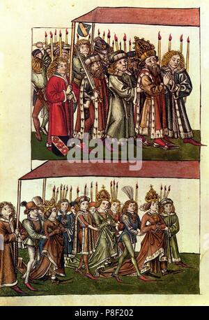 L'imperatore Sigismondo e Imperatrice Barbara (illustrazione dal Richental la cronaca illustrata). Museo: Biblioteca Nazionale austriaca di Vienna. Foto Stock