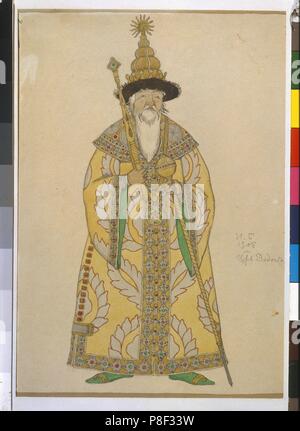 Lo Zar Dadon. Costume Design per l'opera il gallo dorato da N. Rimsky-Korsakov. Museo: Museo Statale di teatro e musica Arte di San Pietroburgo. Foto Stock